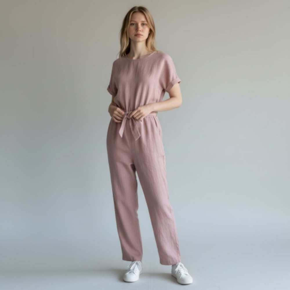 NWT Revolve Rumer Lou Lou Jumpsuit Pink Linen Short Sleeve Tie Waist Size Medium